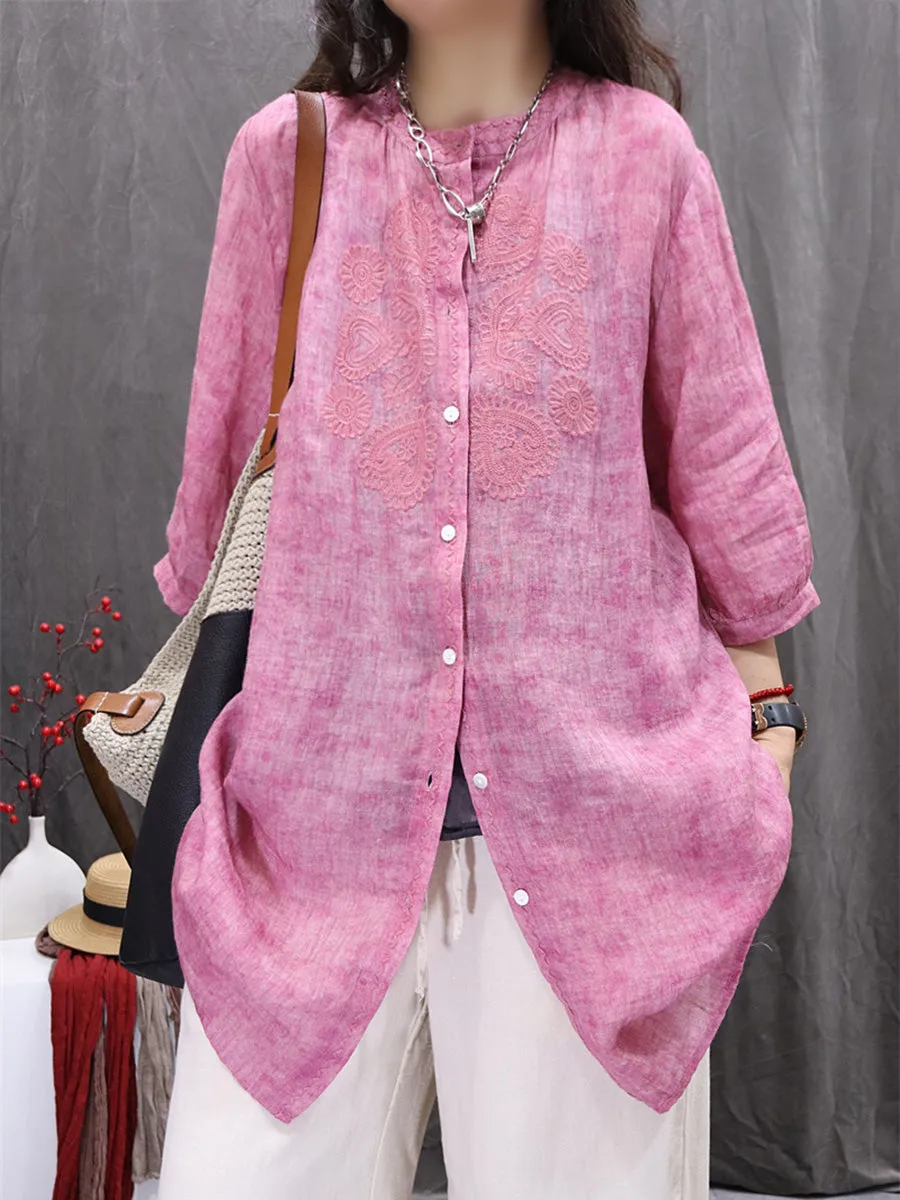 Women Summer Artsy  Embroidery O-Neck 100%Ramie Shirt