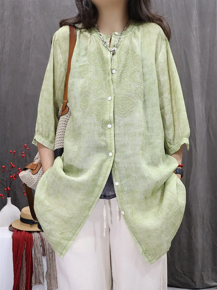 Women Summer Artsy  Embroidery O-Neck 100%Ramie Shirt