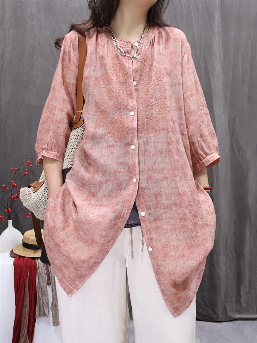 Women Summer Artsy  Embroidery O-Neck 100%Ramie Shirt