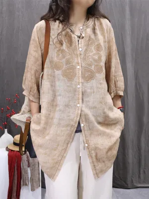 Women Summer Artsy  Embroidery O-Neck 100%Ramie Shirt