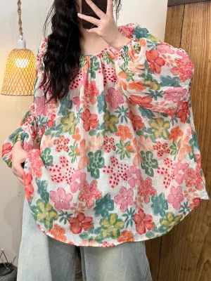 Women Summer Artsy Flower O-Neck Ramie Shirt