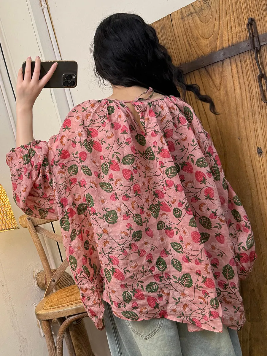 Women Summer Artsy Flower O-Neck Ramie Shirt