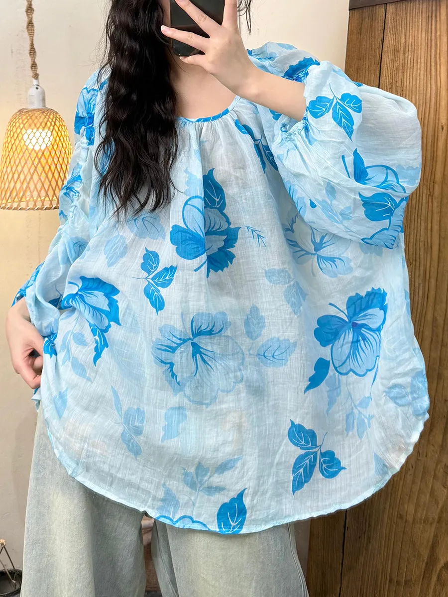 Women Summer Artsy Flower O-Neck Ramie Shirt