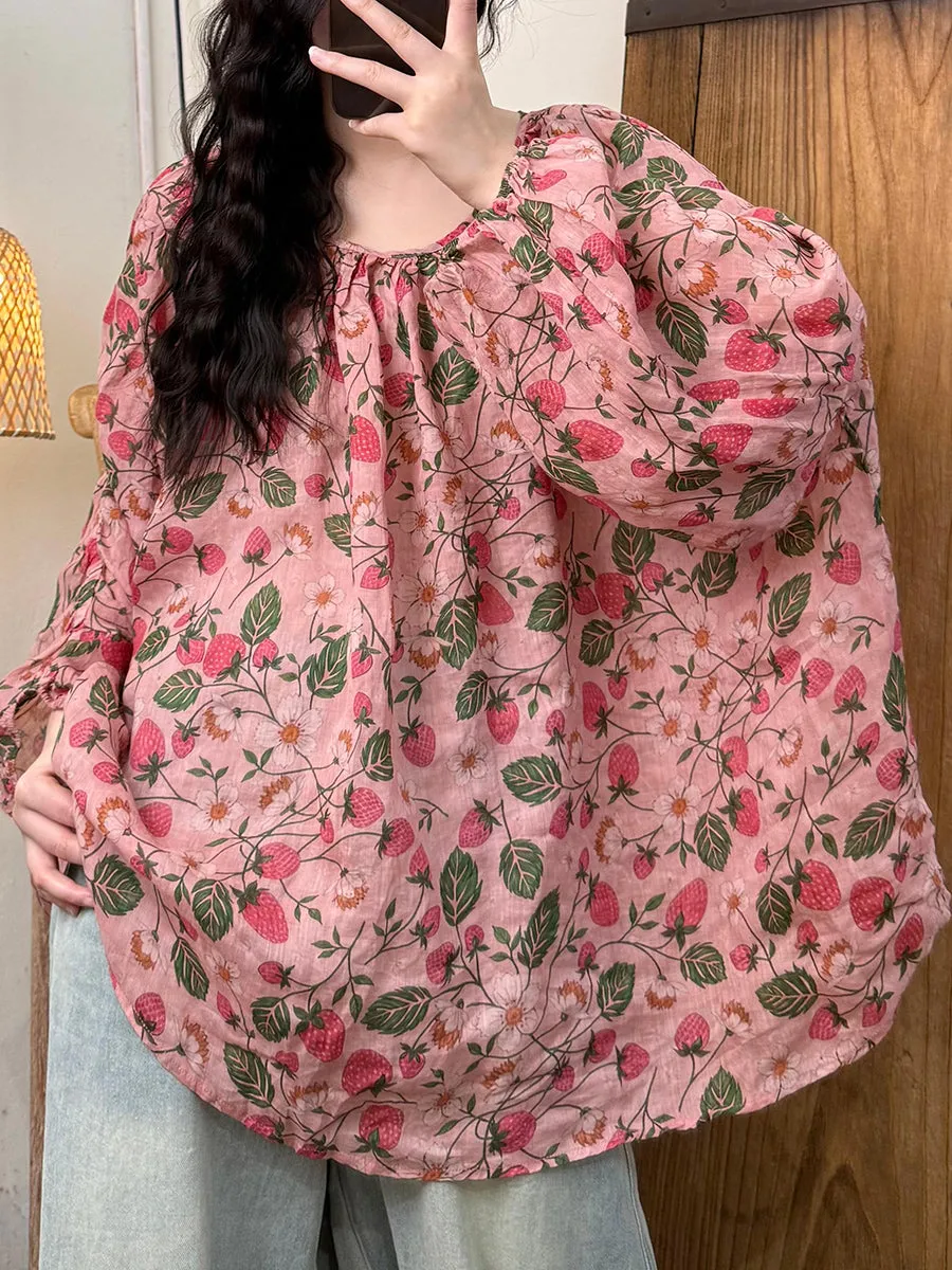 Women Summer Artsy Flower O-Neck Ramie Shirt