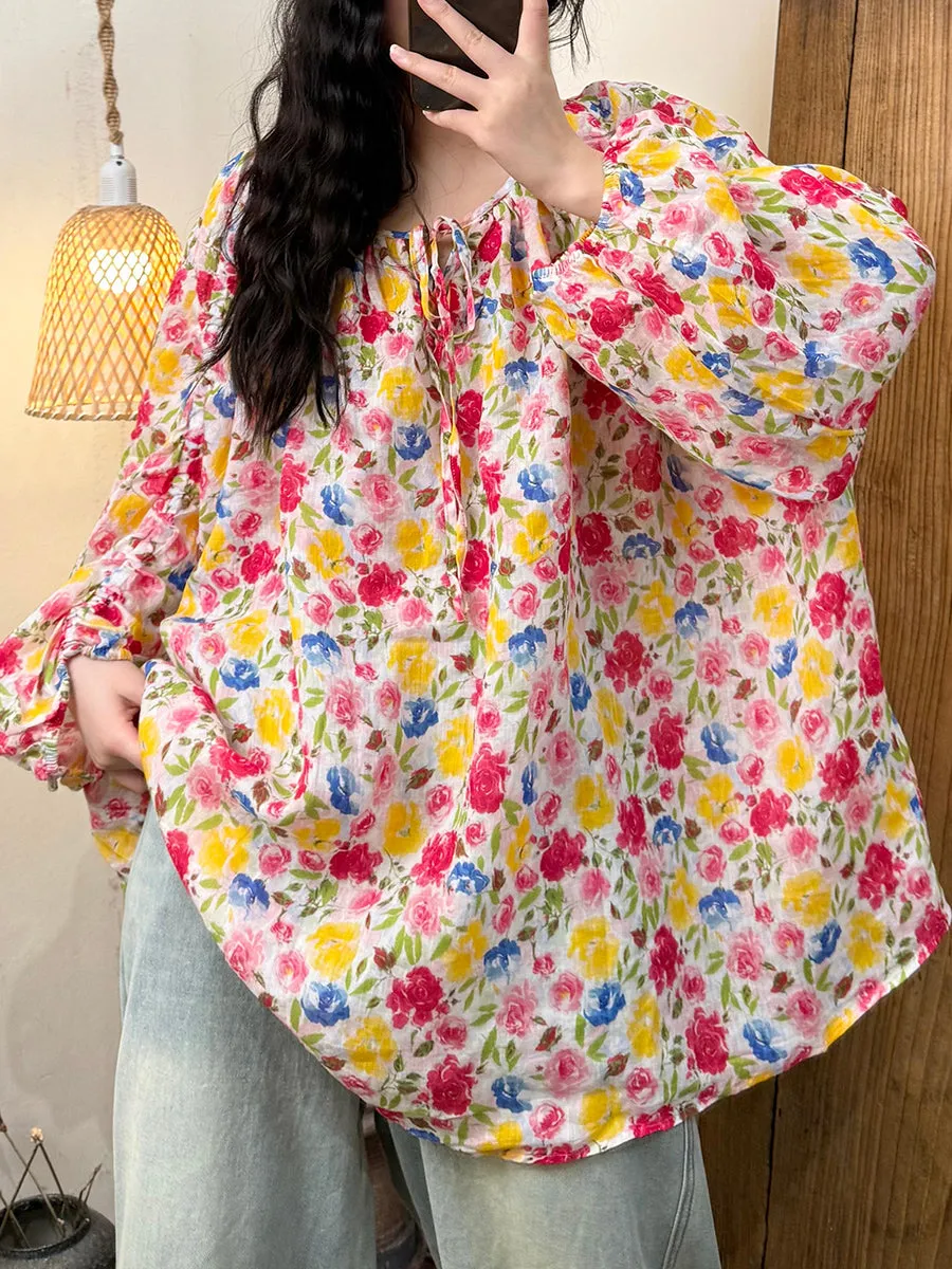 Women Summer Artsy Flower O-Neck Ramie Shirt