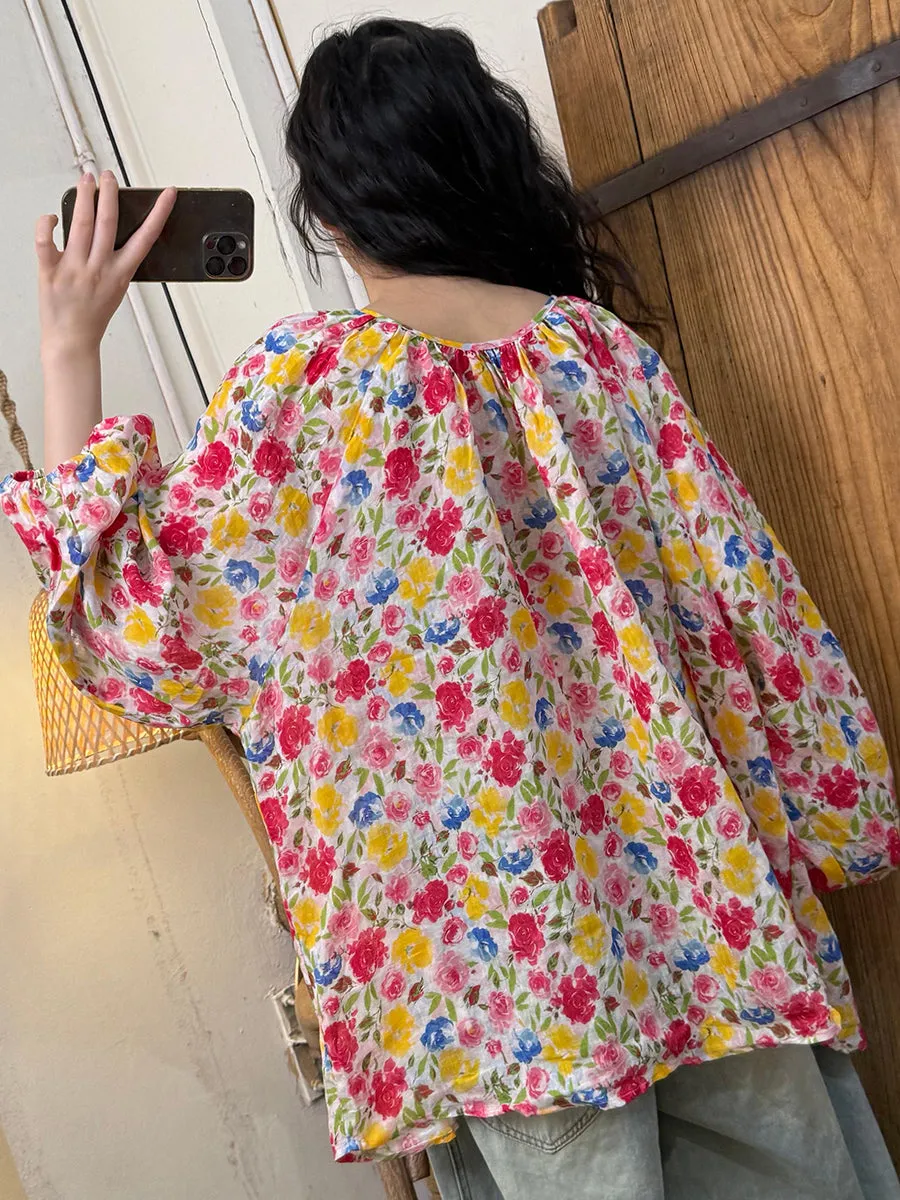 Women Summer Artsy Flower O-Neck Ramie Shirt