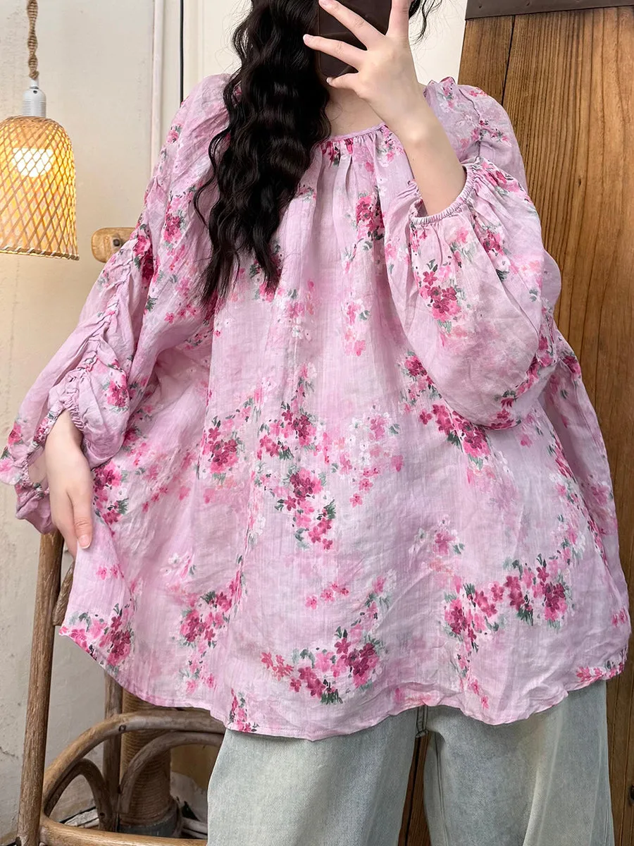 Women Summer Artsy Flower O-Neck Ramie Shirt