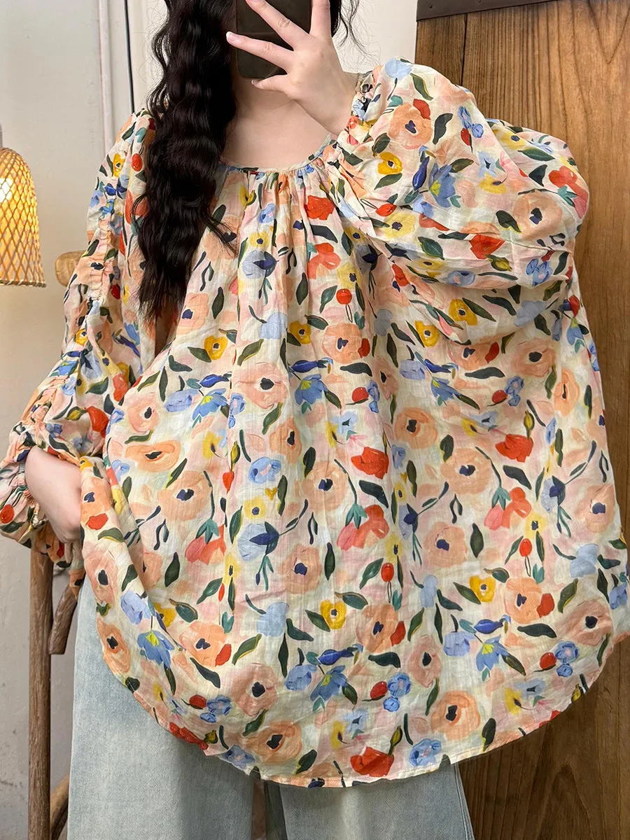 Women Summer Artsy Flower O-Neck Ramie Shirt