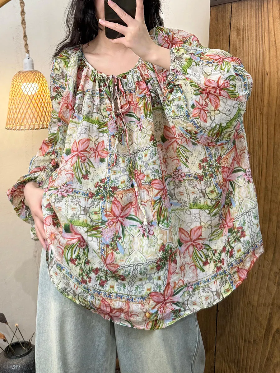 Women Summer Artsy Flower O-Neck Ramie Shirt