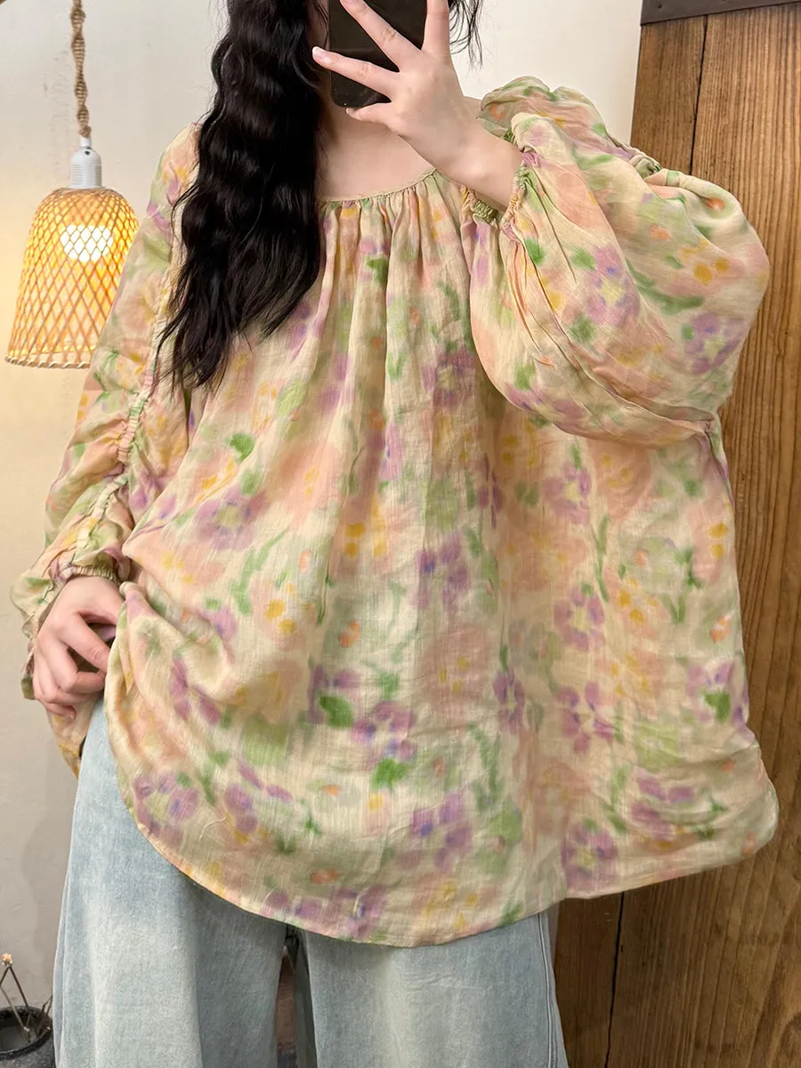 Women Summer Artsy Flower O-Neck Ramie Shirt