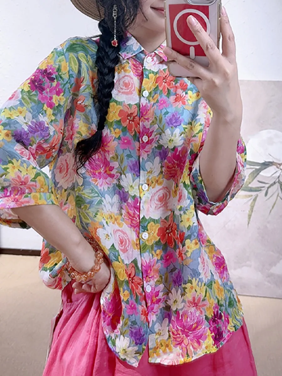 Women Summer Artsy Flower Turn-down Collar Shirt
