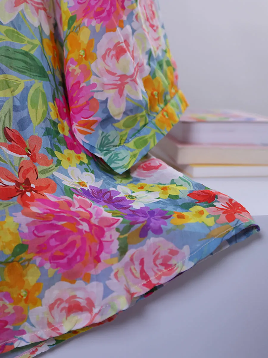Women Summer Artsy Flower Turn-down Collar Shirt