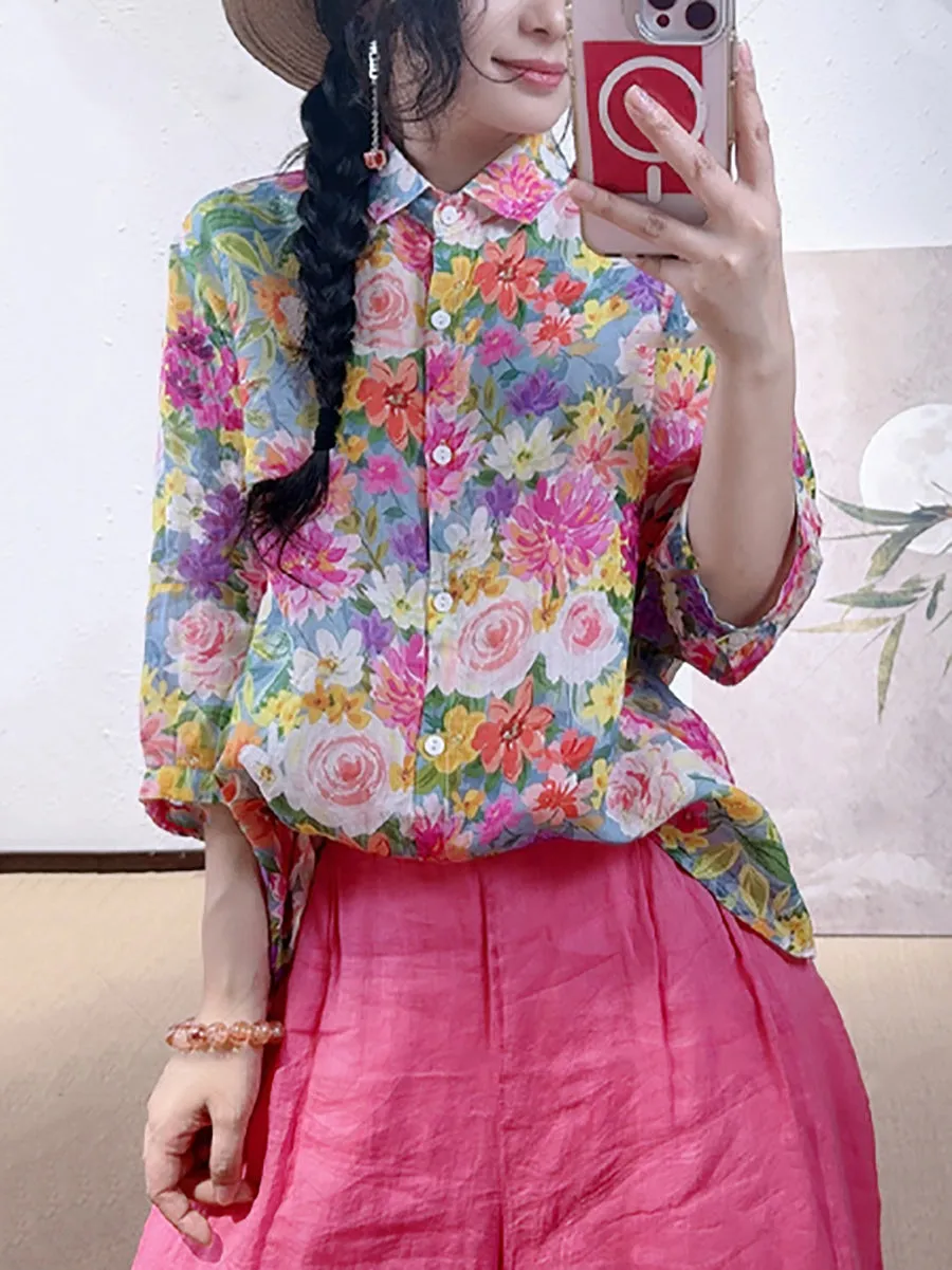 Women Summer Artsy Flower Turn-down Collar Shirt