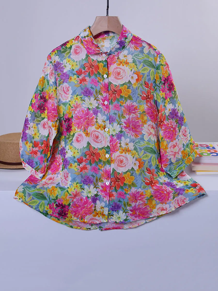 Women Summer Artsy Flower Turn-down Collar Shirt