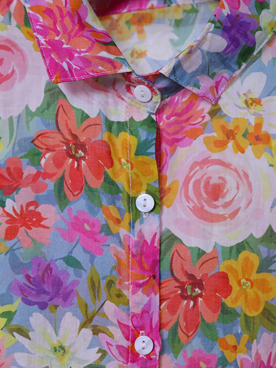 Women Summer Artsy Flower Turn-down Collar Shirt