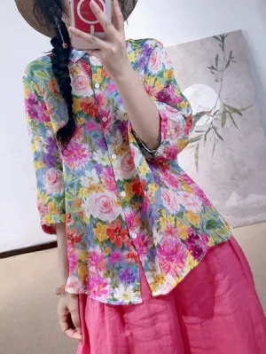 Women Summer Artsy Flower Turn-down Collar Shirt