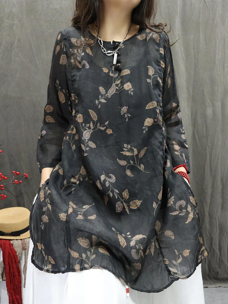 Women Summer Artsy O-Neck Flower 100%Ramie Shirt