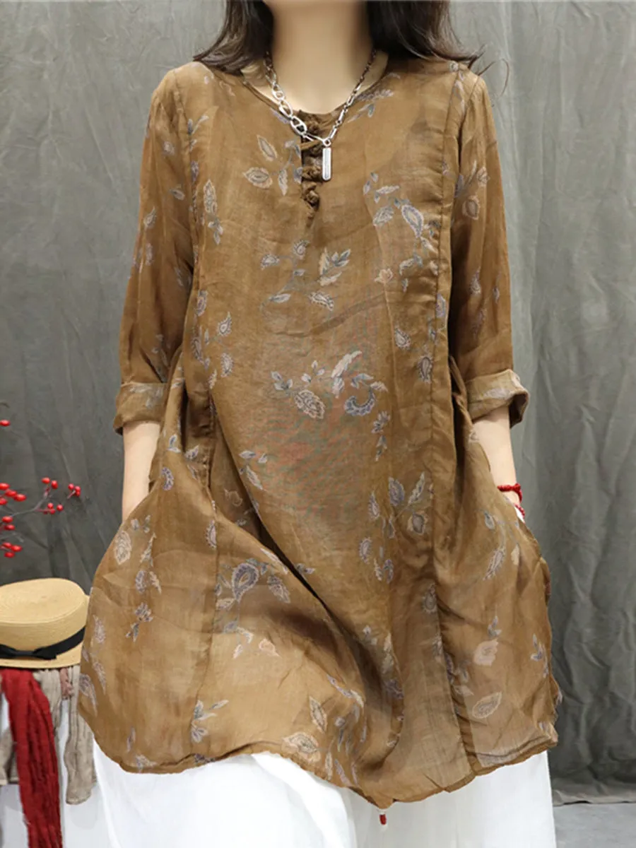 Women Summer Artsy O-Neck Flower 100%Ramie Shirt