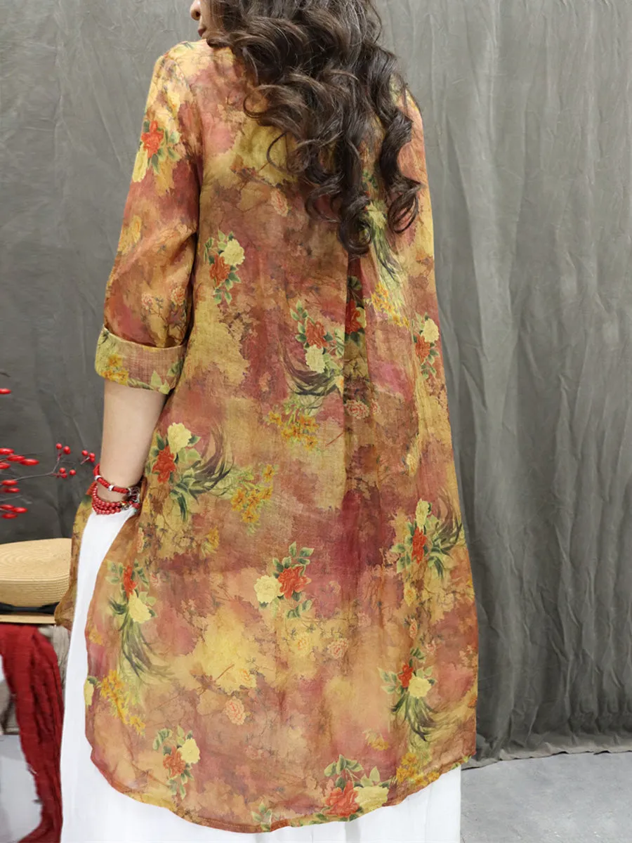 Women Summer Artsy O-Neck Flower 100%Ramie Shirt