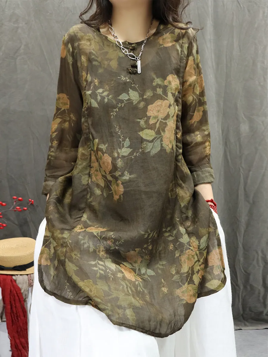 Women Summer Artsy O-Neck Flower 100%Ramie Shirt
