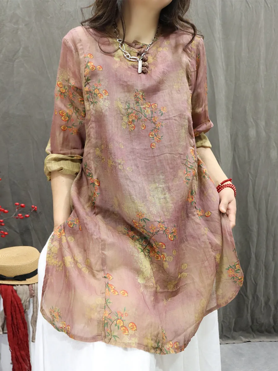 Women Summer Artsy O-Neck Flower 100%Ramie Shirt