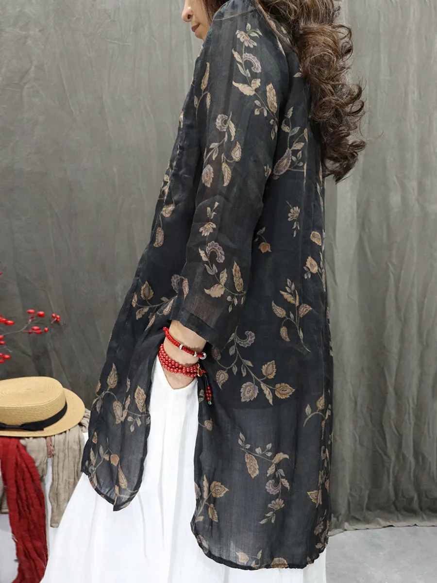 Women Summer Artsy O-Neck Flower 100%Ramie Shirt