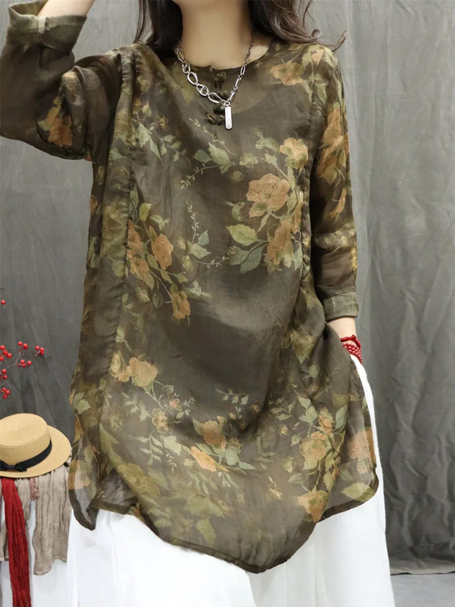 Women Summer Artsy O-Neck Flower 100%Ramie Shirt