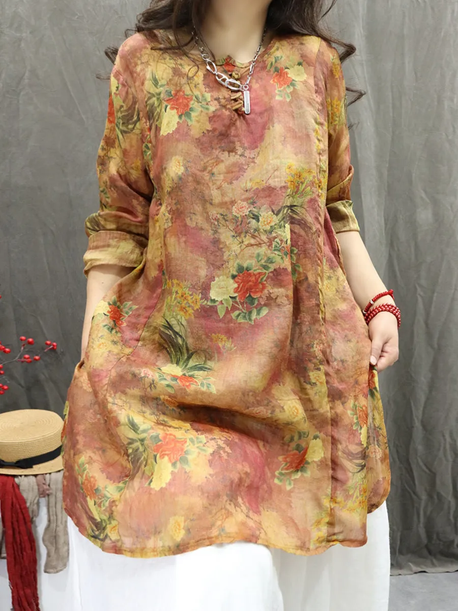 Women Summer Artsy O-Neck Flower 100%Ramie Shirt