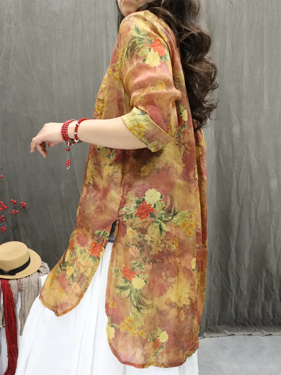 Women Summer Artsy O-Neck Flower 100%Ramie Shirt