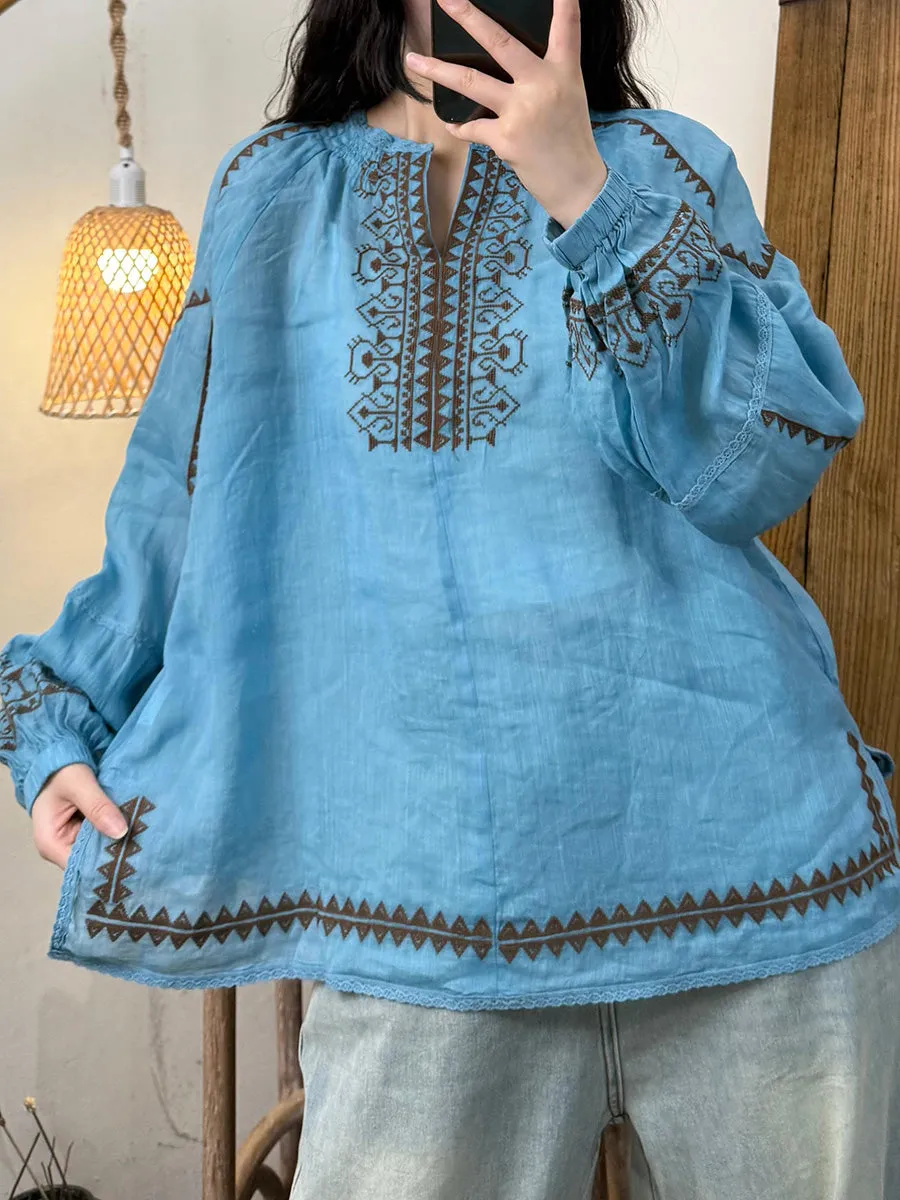 Women Summer Artsy V-Neck Embroidery Ramie Shirt