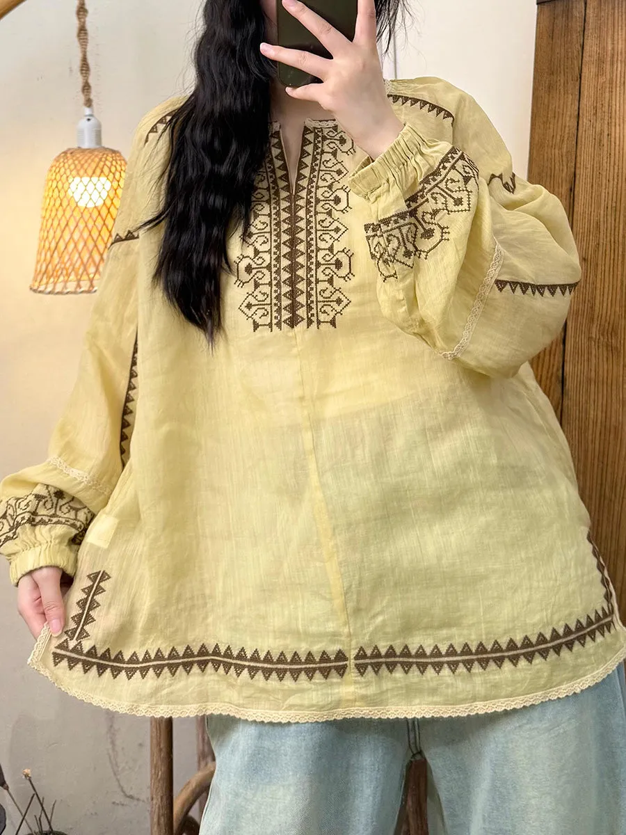 Women Summer Artsy V-Neck Embroidery Ramie Shirt