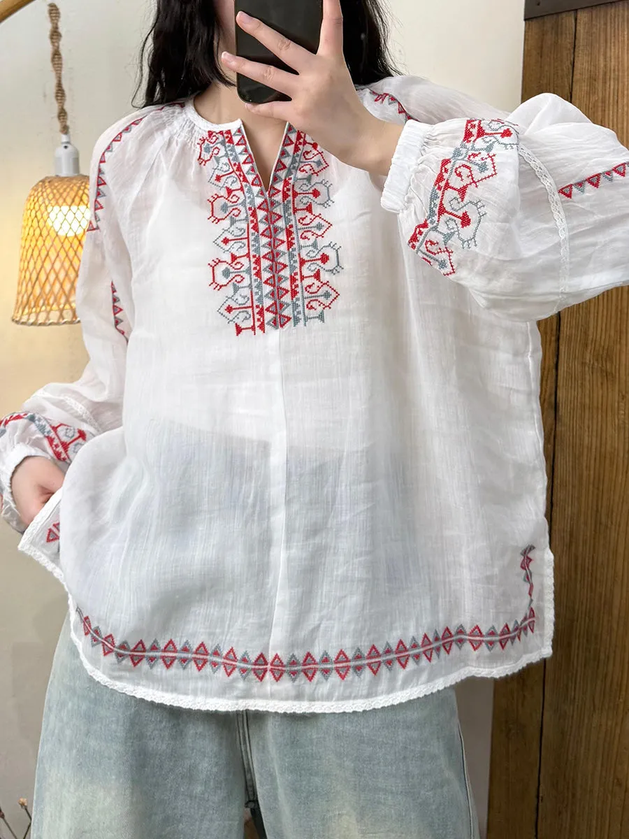 Women Summer Artsy V-Neck Embroidery Ramie Shirt