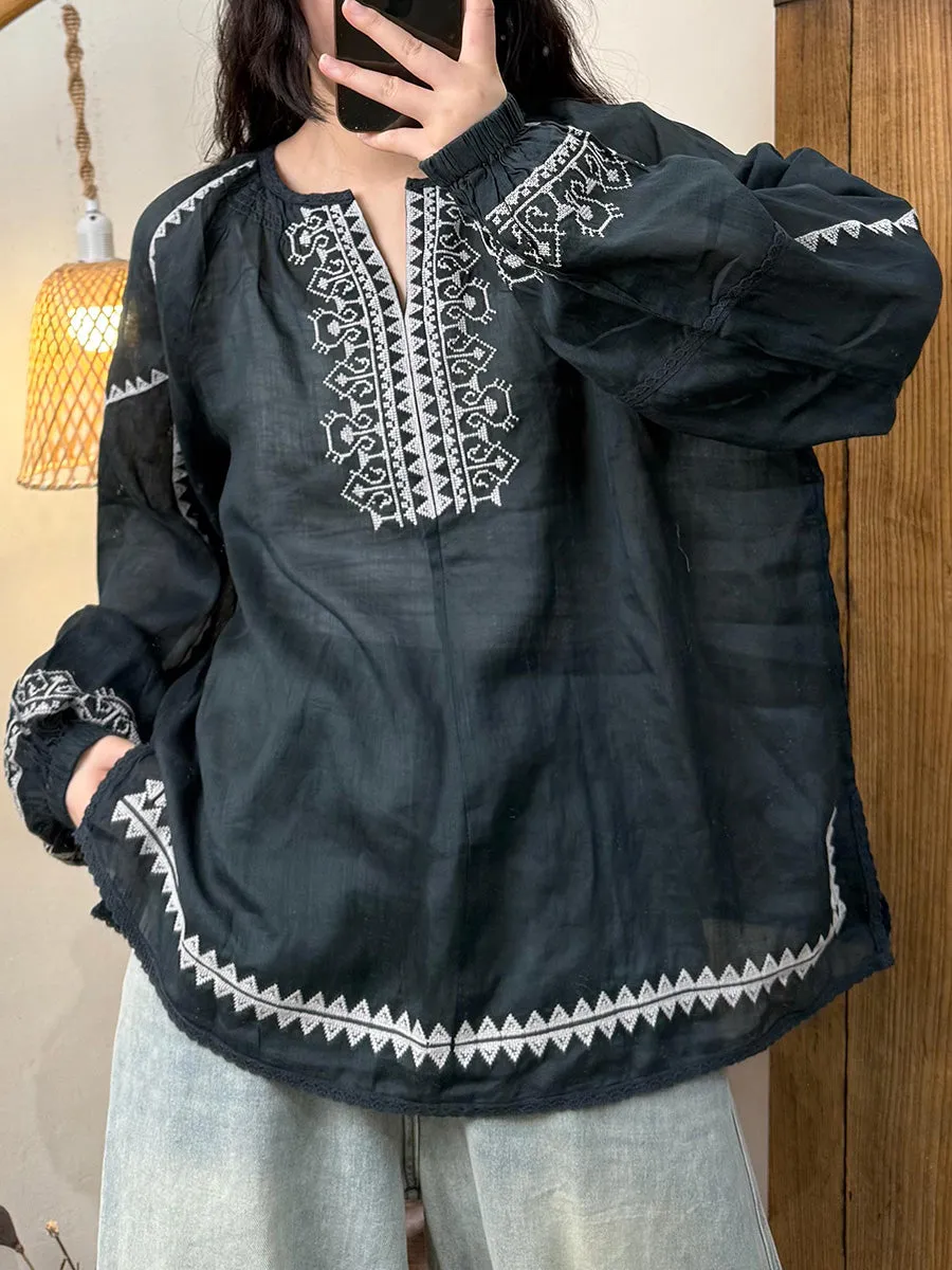Women Summer Artsy V-Neck Embroidery Ramie Shirt