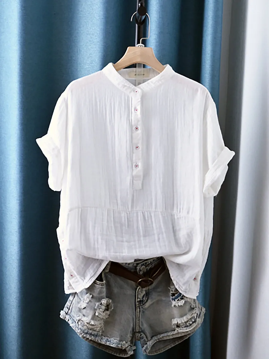 Women Summer Pure Color Stand Collar 100%Cotton Shirt