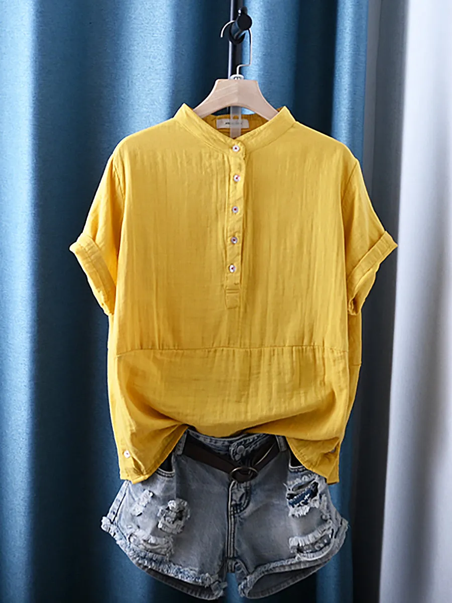 Women Summer Pure Color Stand Collar 100%Cotton Shirt