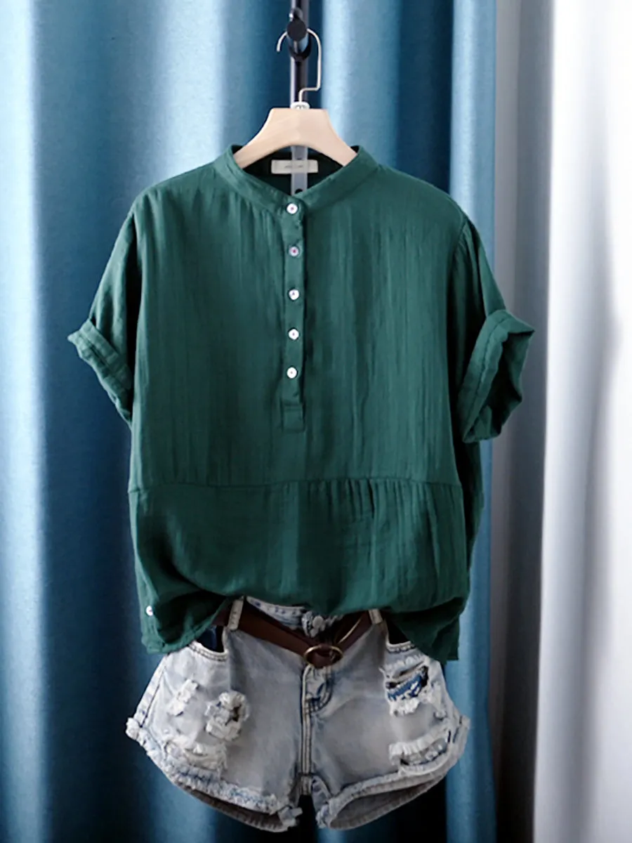 Women Summer Pure Color Stand Collar 100%Cotton Shirt