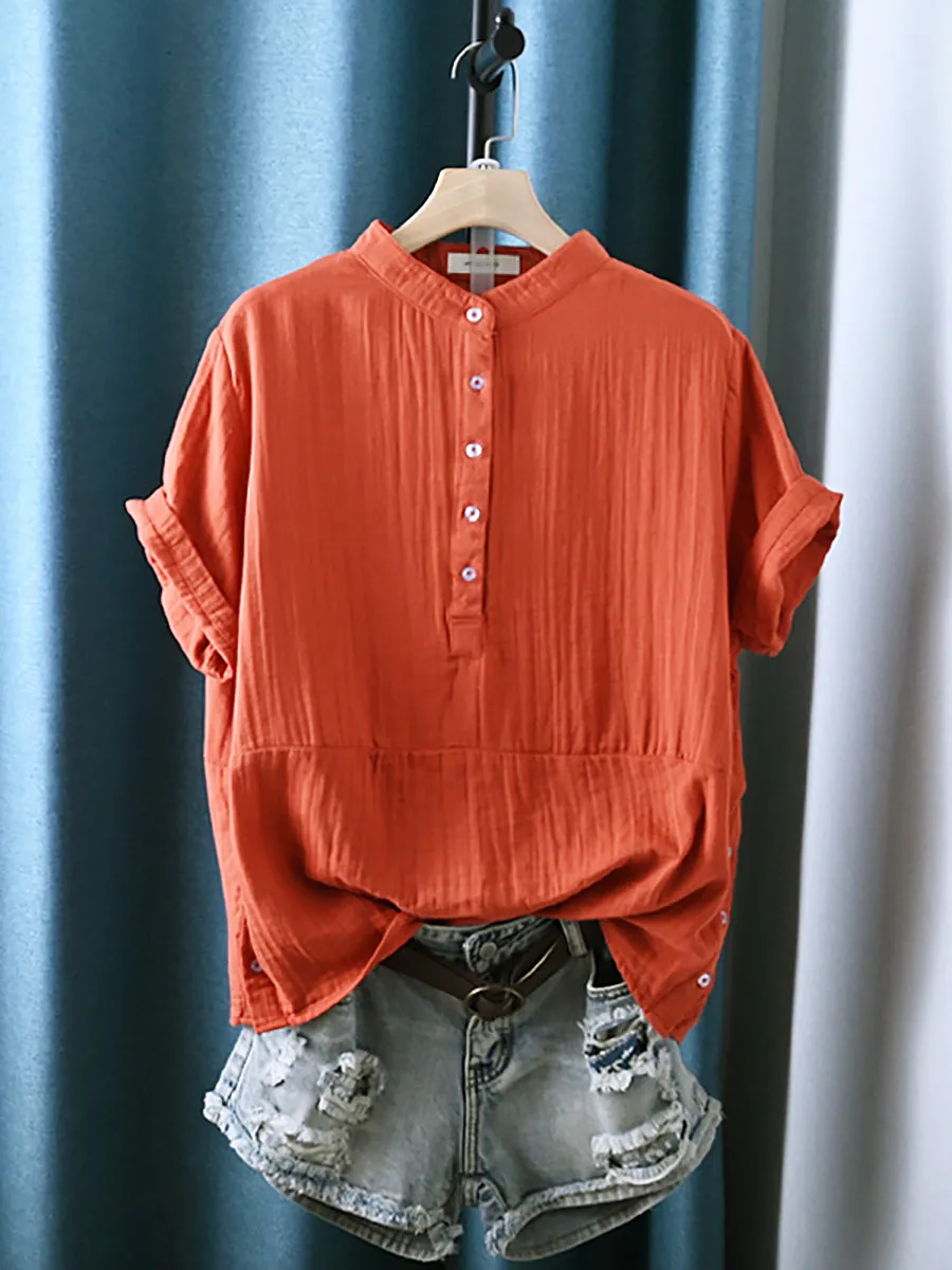 Women Summer Pure Color Stand Collar 100%Cotton Shirt