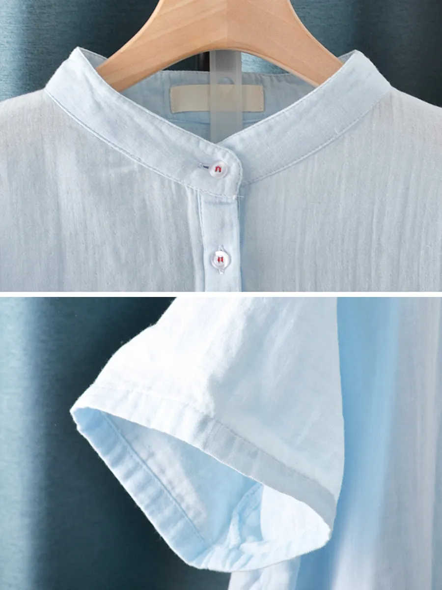 Women Summer Pure Color Stand Collar 100%Cotton Shirt