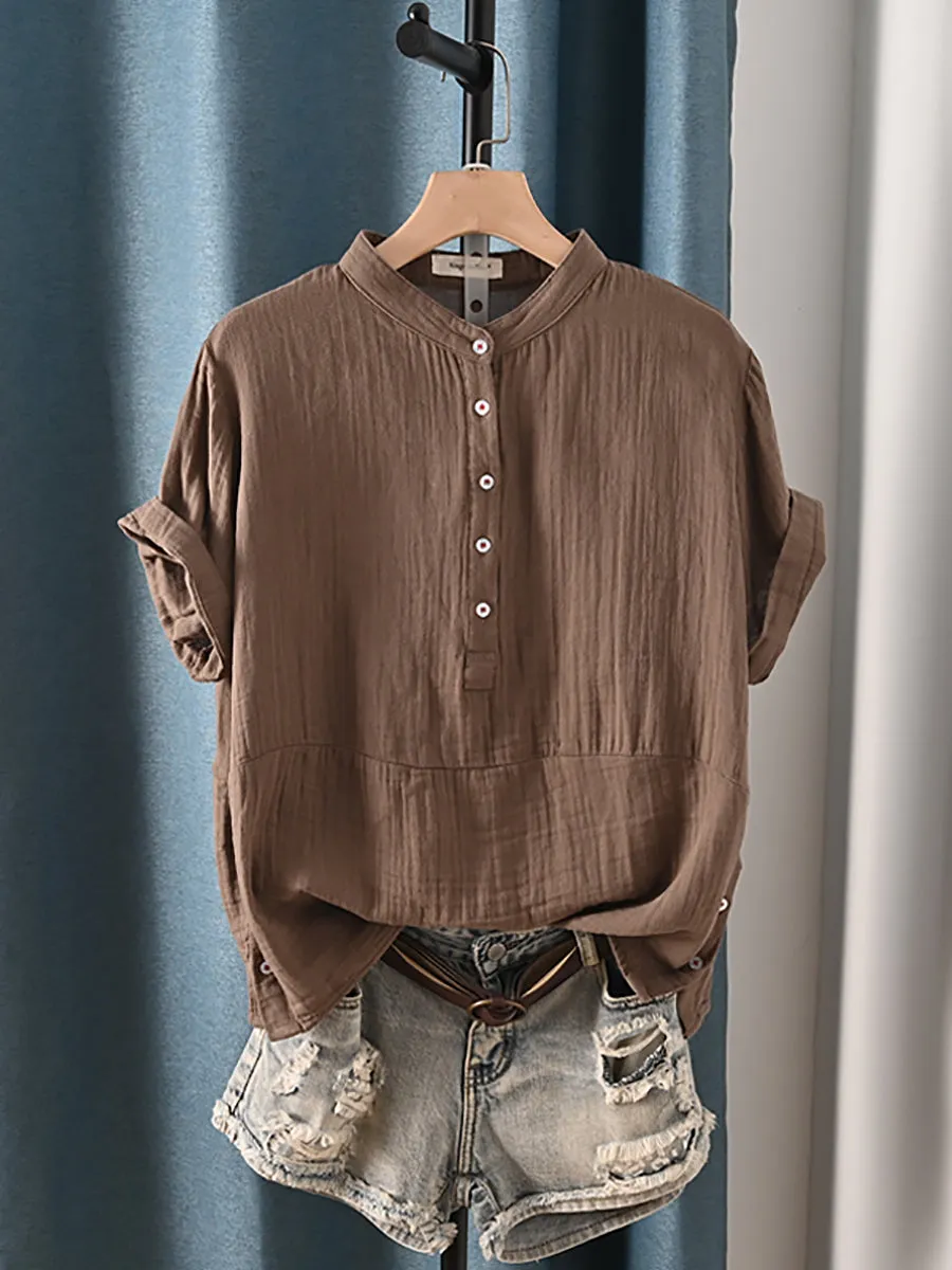 Women Summer Pure Color Stand Collar 100%Cotton Shirt