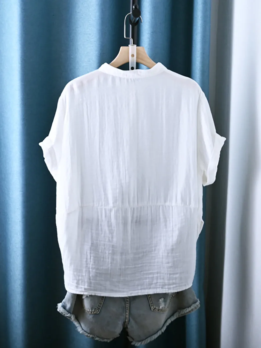 Women Summer Pure Color Stand Collar 100%Cotton Shirt