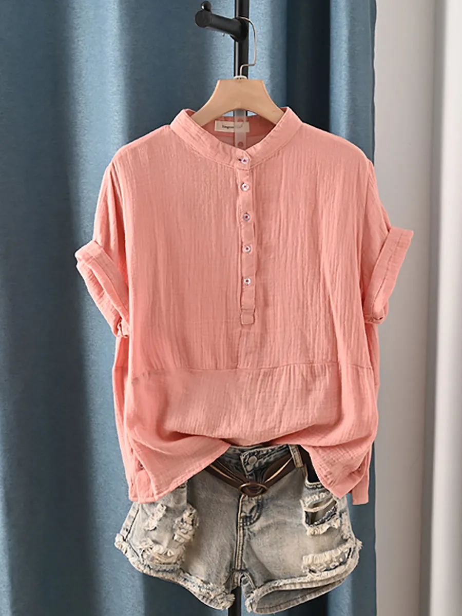 Women Summer Pure Color Stand Collar 100%Cotton Shirt