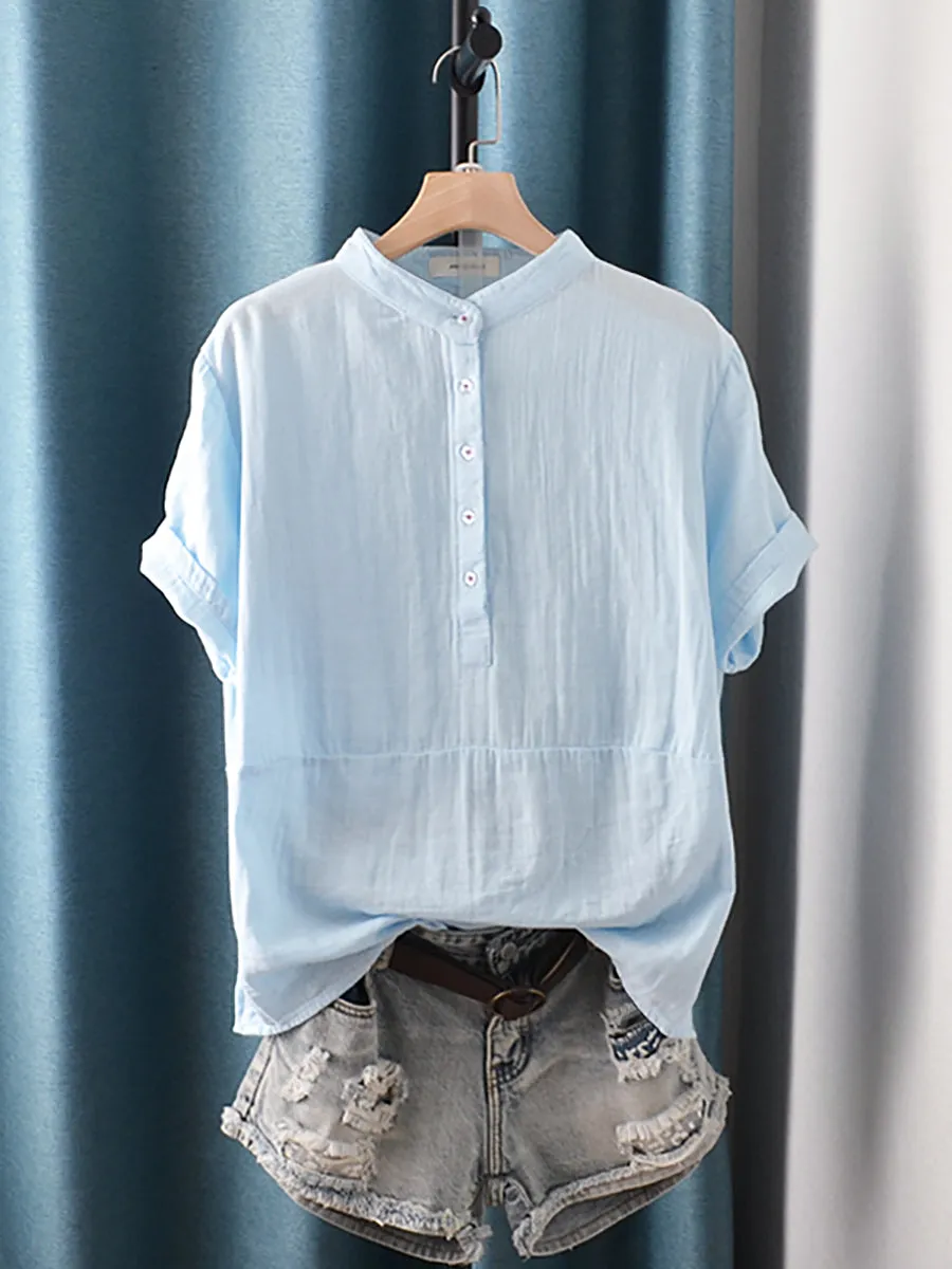 Women Summer Pure Color Stand Collar 100%Cotton Shirt