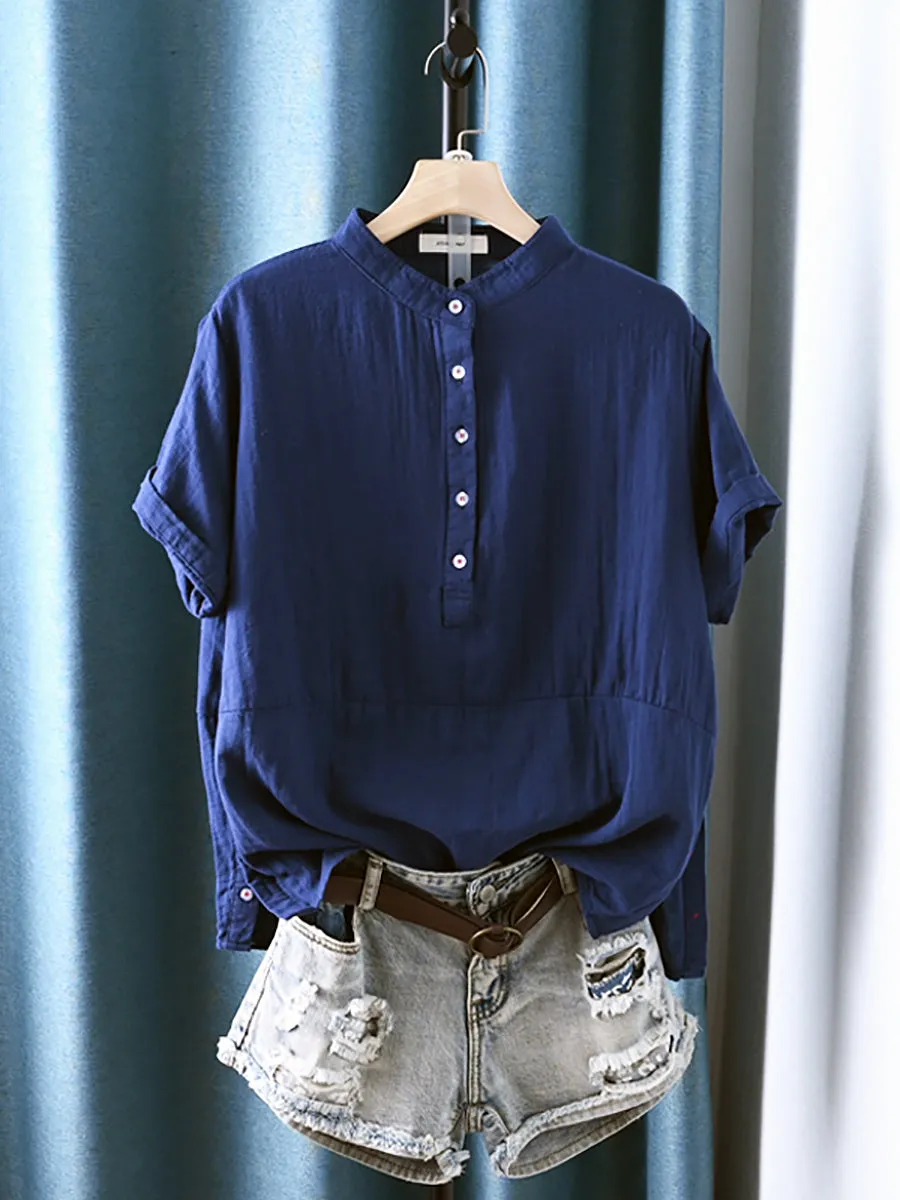 Women Summer Pure Color Stand Collar 100%Cotton Shirt