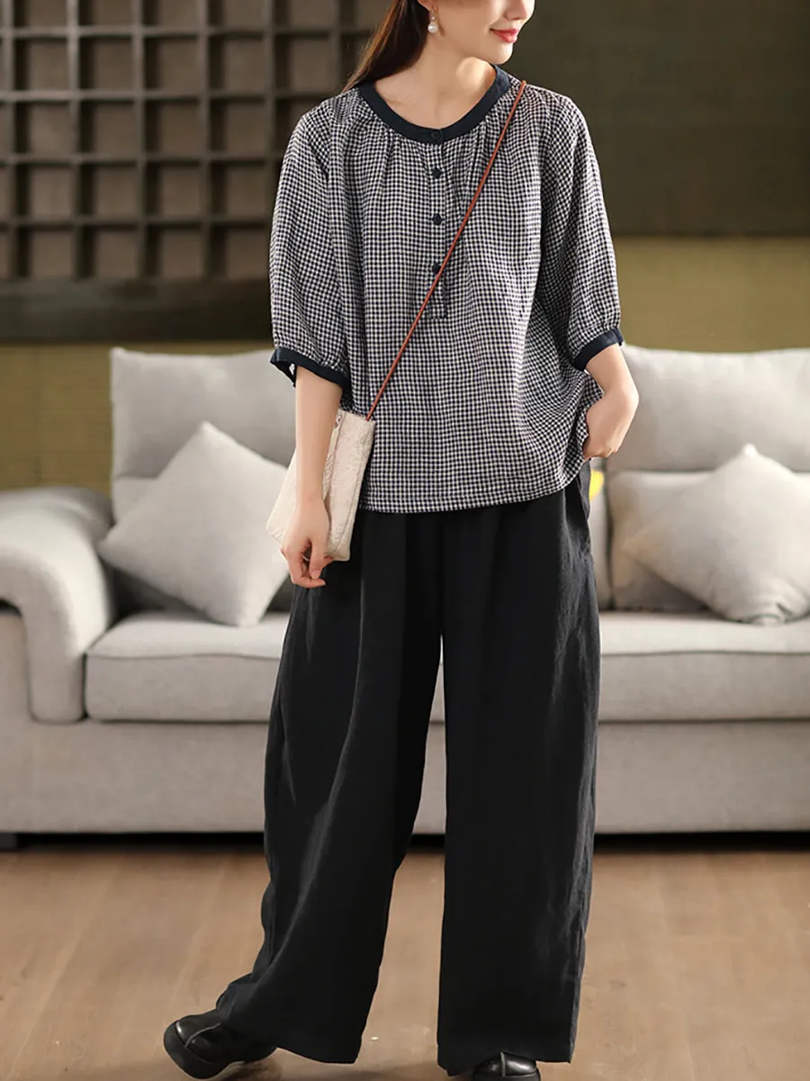 Women Summer Retro Lattice O-Neck 100%Linen Shirt