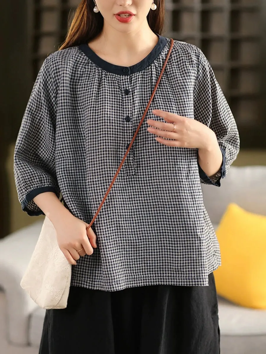 Women Summer Retro Lattice O-Neck 100%Linen Shirt