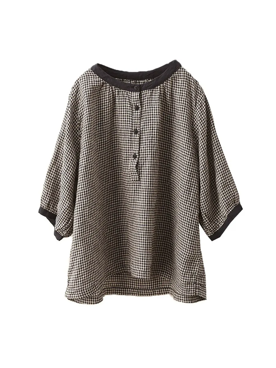 Women Summer Retro Lattice O-Neck 100%Linen Shirt