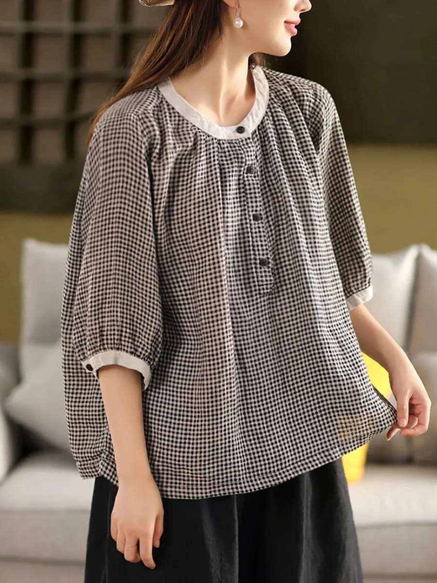 Women Summer Retro Lattice O-Neck 100%Linen Shirt