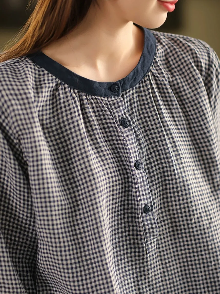 Women Summer Retro Lattice O-Neck 100%Linen Shirt