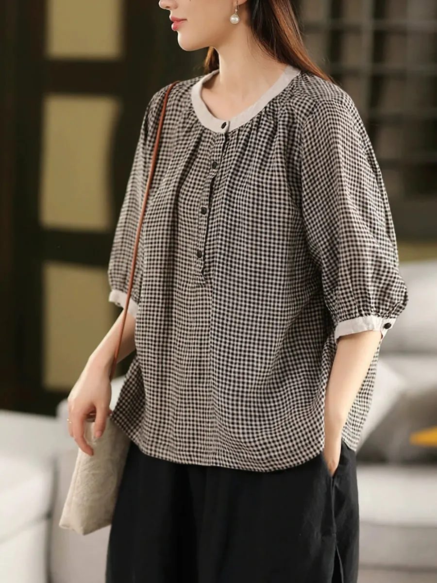 Women Summer Retro Lattice O-Neck 100%Linen Shirt