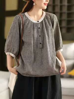 Women Summer Retro Lattice O-Neck 100%Linen Shirt
